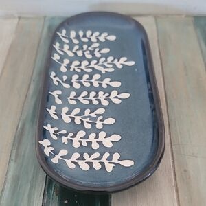 Blue Ceramic Tray with White Leaf Design
